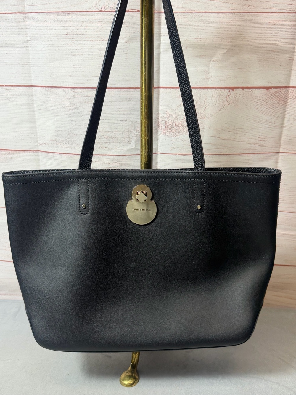 Longchamp Black Leather Tote with silver hardware